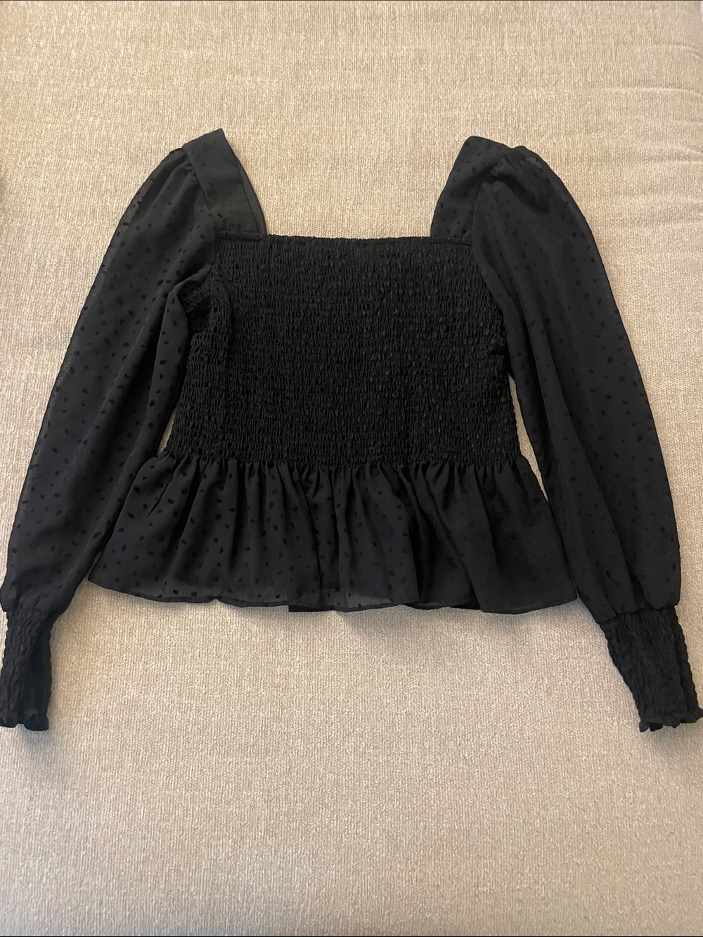 Nine West Black Smocked Square-Neck Long Sleeve Blouse